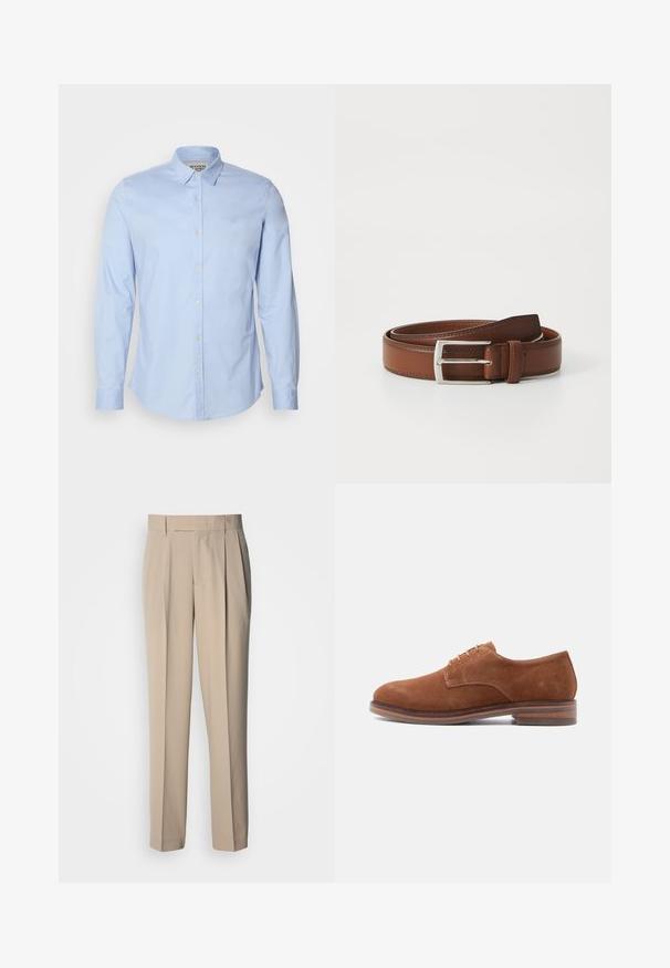 Chemise à manches longues bleu clair en coton, dotée d'un col boutonné, de boutons sur le devant et d'un logo brodé subtilement sur la poitrine.; Pantalon beige taille haute à plis, coupe droite, avec une texture lisse et sans ornements ni motifs visibles.; Chaussure habillée pour homme en daim marron avec lacets, talon empilé en bois et semelle en caoutchouc, présentée de profil sur fond blanc.; Ceinture en cuir brun au fini lisse, avec une boucle en métal argenté et une couture subtile le long des bords. Design classique et durable.