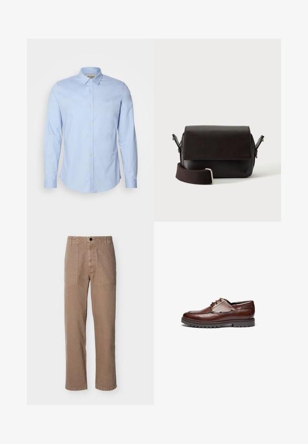 Chemise à manches longues bleu clair en coton, dotée d'un col boutonné, de boutons sur le devant et d'un logo brodé subtilement sur la poitrine.; Pantalon beige à jambes droites avec poches plaquées avant, fermeture par bouton, passants de ceinture et coutures apparentes sur un fond clair uni.; Chaussure en cuir marron avec une pointe arrondie, un laçage, un col rembourré et une semelle texturée pour une meilleure adhérence. Coutures accentuées le long des côtés.; Sac bandoulière en cuir marron foncé avec fermeture à rabat et sangle en tissu réglable sur fond blanc.