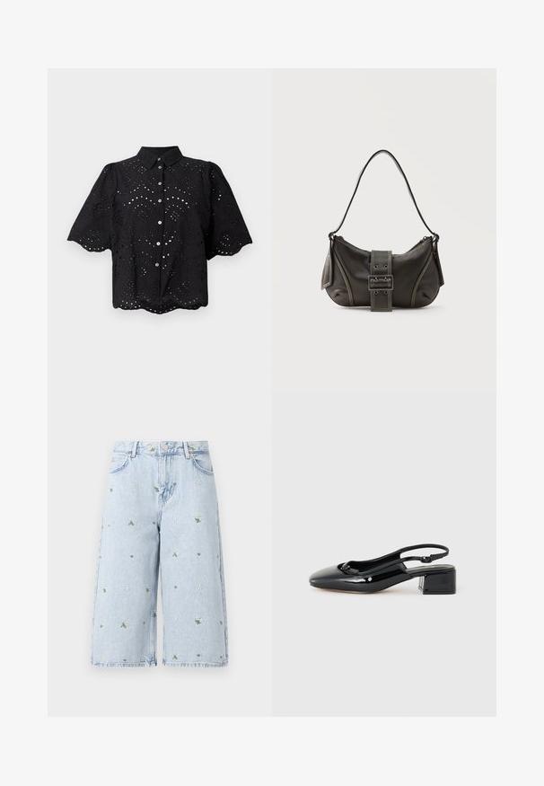 Camisa negra de manga corta con bordado de ojales, dobladillo en forma de ondas y cierre de botón. Tela ligera con patrones de flores recortadas.; Pantalones cortos de mezclilla de lavado claro con bordado floral, que presenta margaritas y hojas verdes. Diseño clásico de cinco bolsillos y un dobladillo deshilachado.; Zapato de charol negro tipo slingback con punta redondeada, pequeño tacón cuadrado y adorno de lazo decorativo en la parte delantera.; Bolso de hombro de cuero negro con detalle de correa con hebilla, bordes curvos y costuras blancas en contraste sobre un fondo liso.