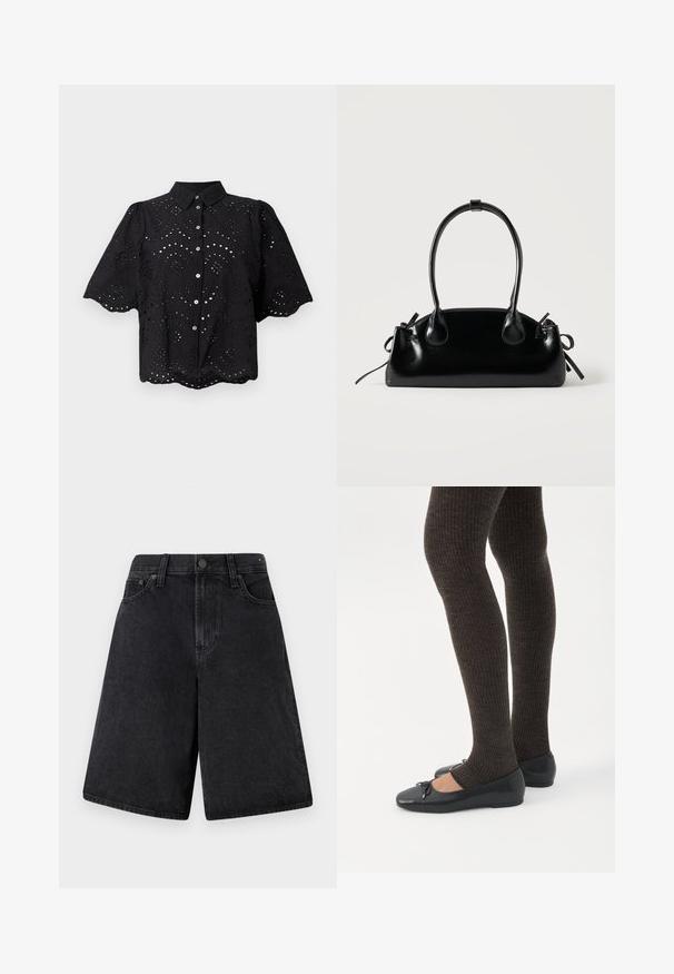 Zwart shirt met korte mouwen, voorzien van oogjesborduurwerk, een gekartelde zoom en knoopsluiting. Lichtgewicht stof met bloemvormige uitsparingen.; Zwarte denimshorts met een relaxed fit, voorzien van een hoge taille, een vijf-pocket ontwerp en een knoopsluiting aan de voorkant.; Benen met donkere geribbelde leggings gecombineerd met zwarte ballerina's met kleine strikdetails op een witte achtergrond.; Kleine zwarte glanzende handtas met twee lange hengsels en zijkant trekkoord details op een effen lichte achtergrond.