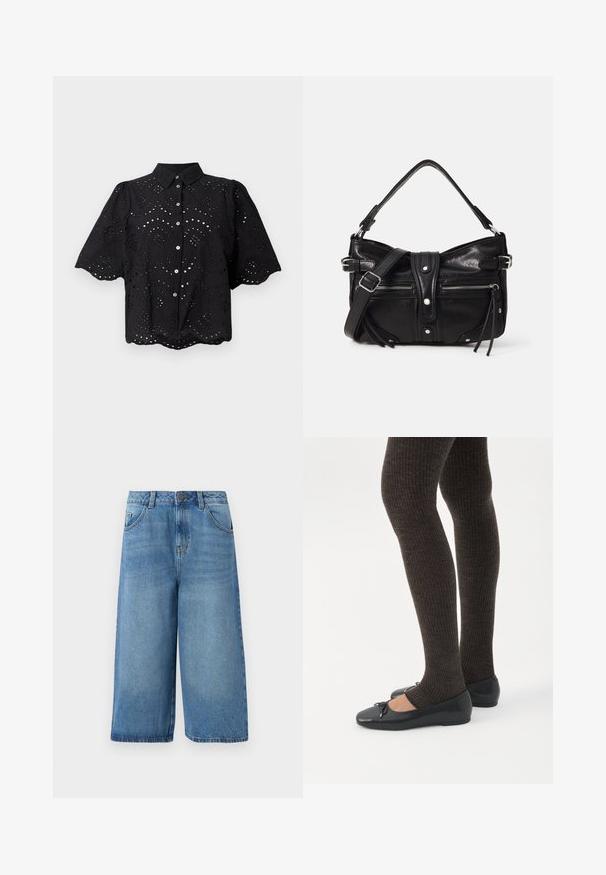 Sort kortærmet skjorte med hulsøm, bølget kant og knaplukning. Letvægtsstof med blomsterudskæringer.; Lysblå denimshorts med løs pasform, to frontlommer og knaplukning, med lige snit og franskede kanter.; Ben iført mørke ribbede leggings kombineret med sorte balletsko med små sløjfedetaljer på hvid baggrund.; Even&Odd H24462 - Håndtasker - black