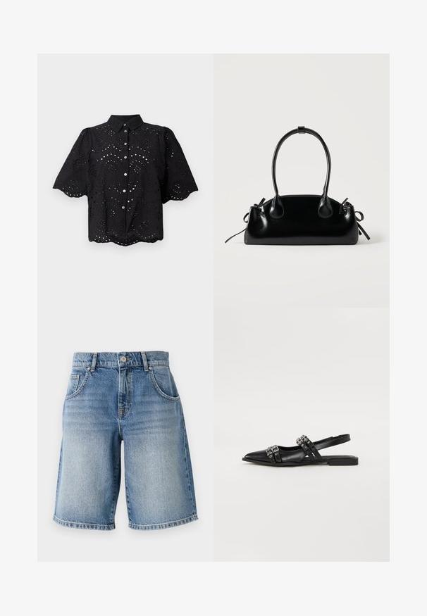 Chemise noire à manches courtes avec broderie en œillets, ourlet festonné et fermeture à boutons. Tissu léger avec motifs floraux découpés.; Shorts en denim bleu clair avec une coupe droite, cinq poches et quincaillerie en bronze. Présente un ourlet effiloché et une texture délavée.; Even&Odd by Zalando Ballerines à brides arrière - black; Petit sac à main noir brillant avec deux longues anses et des détails à cordon sur les côtés sur un fond clair uni.
