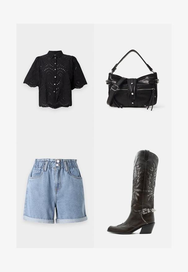 Zwart shirt met korte mouwen, voorzien van oogjesborduurwerk, een gekartelde zoom en knoopsluiting. Lichtgewicht stof met bloemvormige uitsparingen.; Lichtblauwe denim shorts met een elastische tailleband, twee voorkruiden, omgeslagen zoom en dubbele knoopsluiting. Gladde textuur, casual ontwerp.; Zwarte leren cowboylaars met decoratieve uitsnijdingen, zilveren gesp en schuine hak, weergegeven op een witte achtergrond.; Even&Odd by Zalando H24462 - Handtas - black