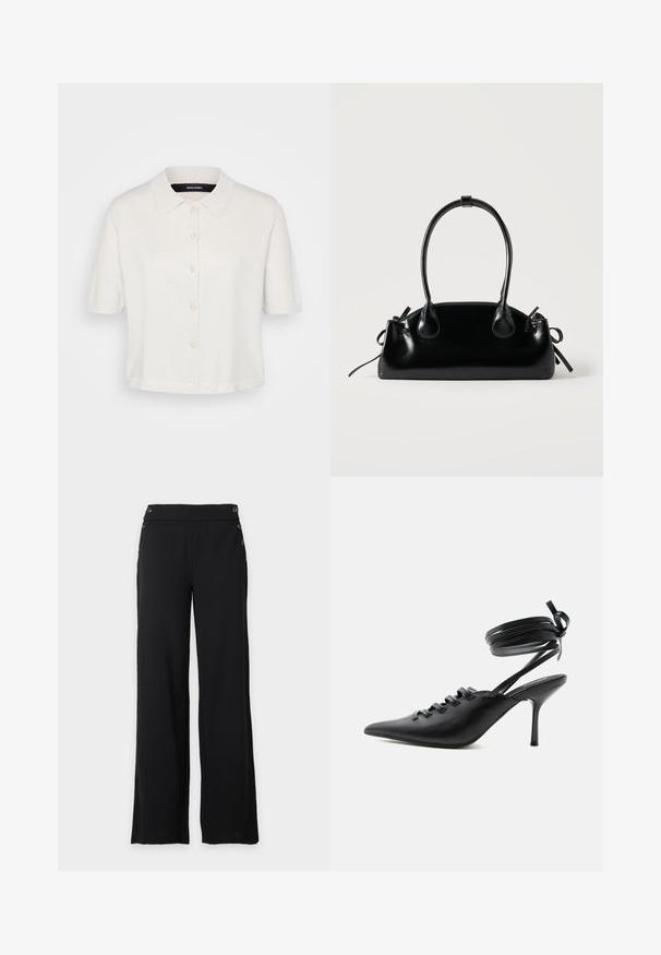 Blouse en tricot blanc à manches courtes, avec un col et des boutons sur le devant. Texture douce et coupe ample, présentant un léger éclat.; Pantalon noir à jambes larges, taille haute et boutons décoratifs à l'avant et sur les côtés.; Chaussure à talon haut noire à bout pointu avec laçage à l'avant et brides enroulées autour de la cheville nouées en nœud, vue de côté sur fond blanc.; Petit sac à main noir brillant avec deux longues anses et des détails à cordon sur les côtés sur un fond clair uni.