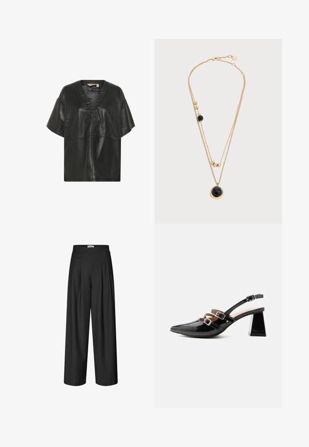 Culture CUATAM CANJA - Blouse - black; Zwarte, wijde broeken met een geplooide voorkant en een gladde tailleband, ontworpen voor een ontspannen en stijlvolle pasvorm.; Zwarte lakleren slingback hak met twee voorste gespsluitingen en een stevige, uitlopende hak van 6 cm op een effen lichte achtergrond.; Gouden gelaagde ketting met kleine gouden kralen, zwarte kralen accenten en een grote ronde zwarte hanger aan de onderste ketting.