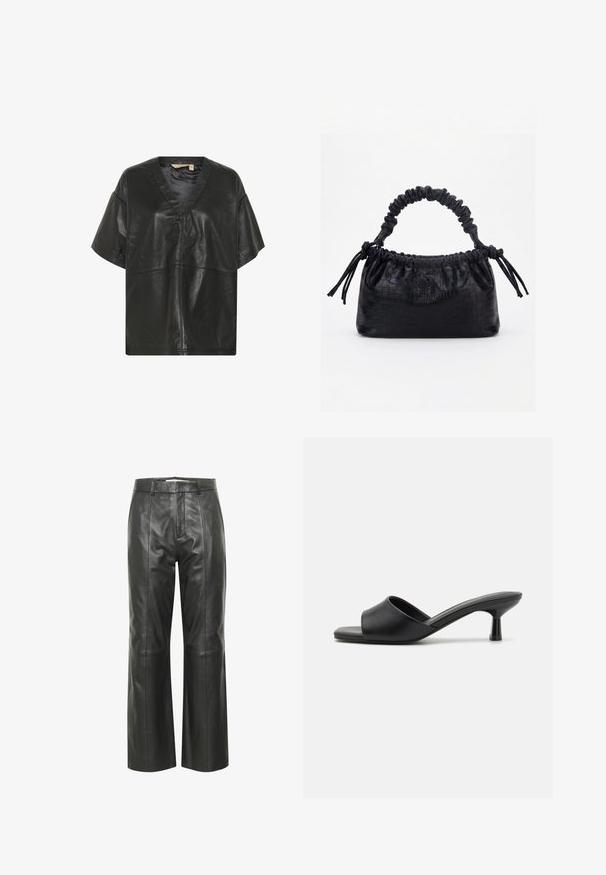 Culture CUATAM CANJA - Blouse - black; Zwarte leren broek met wijde pijpen en een zachte textuur, voorzien van een tailleband, plooien aan de voorkant en subtiele stiksels.; Zwarte slide sandalen met een glad leren bovenwerk, open teen en een lage, glanzende hak. Minimalistisch ontwerp met een gebogen vorm en een strakke afwerking.; Zwarte handtas met krokodillenstructuur, geplooide bovenrand, samengevoerde handgreep en koordtassels aan elke kant tegen een witte achtergrond.