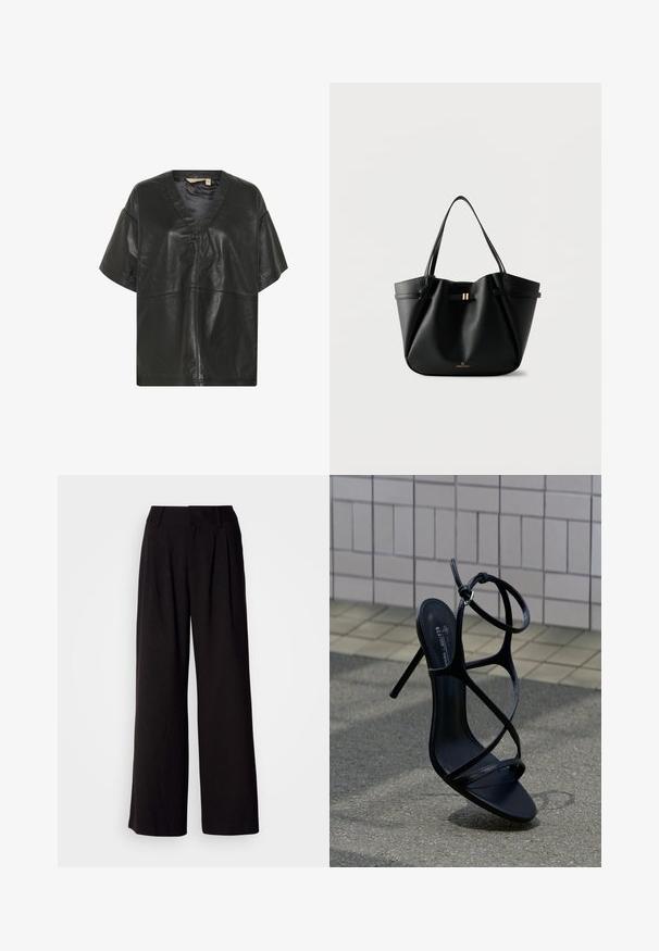 Culture CUATAM CANJA - Blusa - black; Pantalones de pierna ancha negros, confeccionados en una tela suave, con pliegues en la parte frontal, una cinturilla ajustada y sin patrones o acentos visibles.; Sandalia negra de tacón alto con finas tiras y hebilla en el tobillo, colocada en posición vertical sobre pavimento gris cerca de una pared de azulejos.; Bolso tote de cuero negro con dos correas para el hombro, un pequeño cierre dorado y el logo "Anna Field" sobre un fondo blanco.