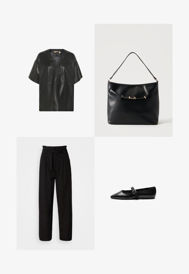 Culture CUATAM CANJA - Bluse - black; Sorte højtaljede bukser med brede ben, der har frontfold og et stofbælte med en oval spænde. Glat tekstur og skræddersyet design.; Sorte flade sko lavet af læder med spidse tæer, justerbar rem med metalspænde, glat tekstur og minimalistisk design.; Sort skuldertaske i læder med en enkel strop og en lille guldlåsdetalje foran mod en ensfarvet lys baggrund.