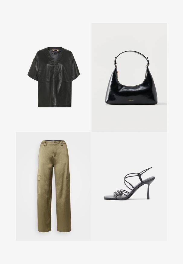Culture CUATAM CANJA - Bluse - black; Olivengrønne cargo-bukser med et bredbenet design, der har to sidelommer, et struktureret stof og et tætsiddende talje, der har bælteløkker.; Sorte højhælede sandaler med tynde stropper og en knyttet design, en glat firkantet tå og en slank stiletto hæl.; Sort blank Calvin Klein håndtaske med gyldent lynlås og kort rem mod en ensfarvet hvid baggrund.