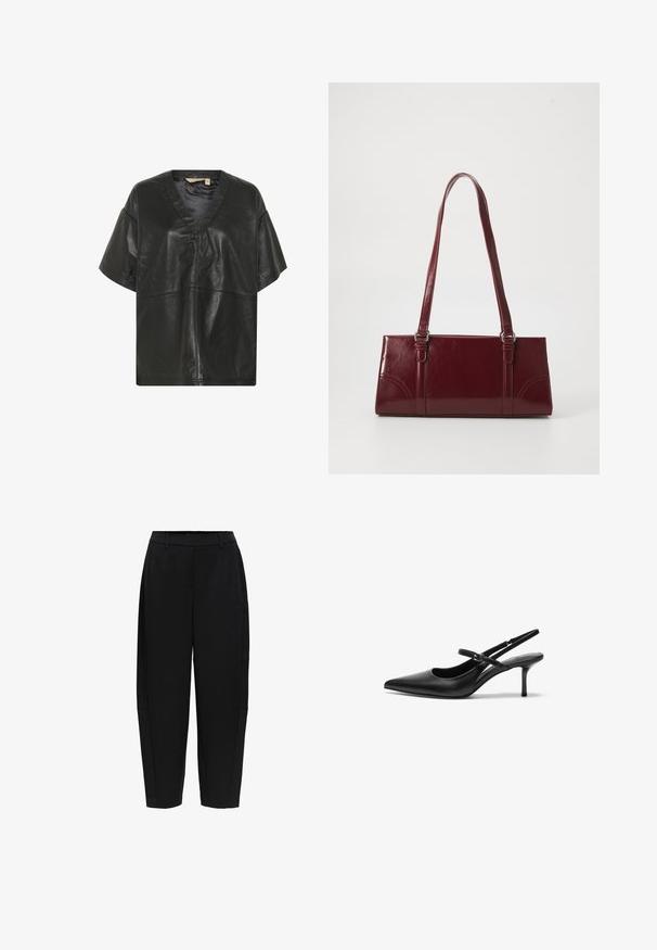 Culture CUATAM CANJA - Blouse - black; Zwarte enkellange op maat gemaakte broek met riemlussen en zijzakken, met een rechte, licht taps toelopende pasvorm.; Zwarte leren slingback hakken met een puntige neus, slanke verstelbare band en een ongeveer 5 cm hoge stiletto hak, met een gladde textuur.; Bourgondische handtas van glanzend materiaal, rechthoekige vorm, met twee schouderbanden en subtiele gebogen accenten aan de voorkant.