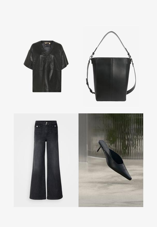 Culture CUATAM CANJA - Blouse - black; Zwarte denim wijd uitlopende jeans met een hoge taille, voorste knopen en twee voorzakken; soepele textuur met een lichte vervaging.; Zwarte mule met puntige neus en dunne hoge hak, die boven een gladde betonnen vloer zweeft, met een wazige verticale gestreepte achtergrond.; Zwarte leren bucketbag met twee verstelbare schouderbanden en minimale stiksel details op een effen achtergrond.