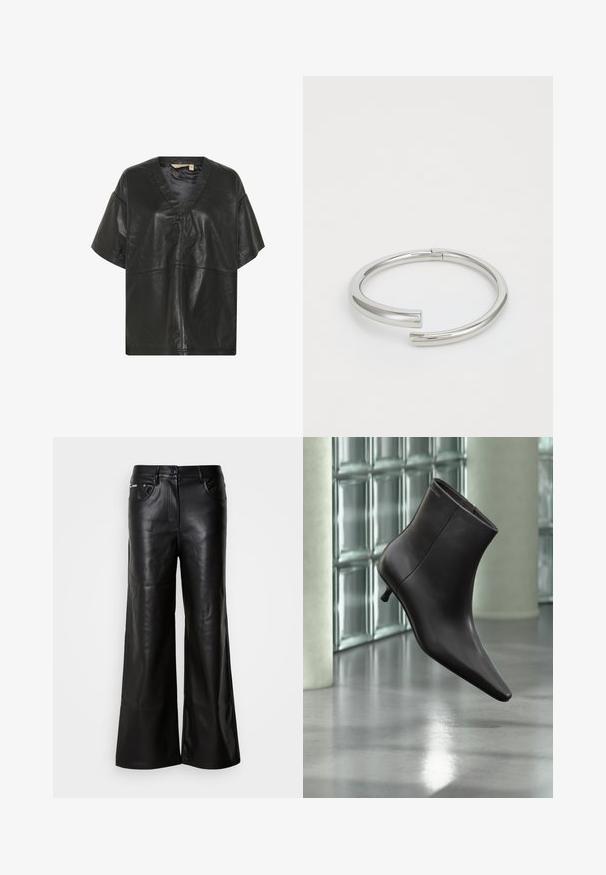 Culture CUATAM CANJA - Blouse - black; Zwarte leren broek met een brede pijp en een zachte textuur, voorzien van een sluiting met een knoop aan de voorkant, twee zijzakken en minimale stikseldetails.; Zwarte leren enkellaars met puntige neus en lage hak, afgebeeld tegen een glazen blokkenmuur en gepolijste vloer op de achtergrond.; Calvin Klein SPIRAL - Armband - silver-coloured