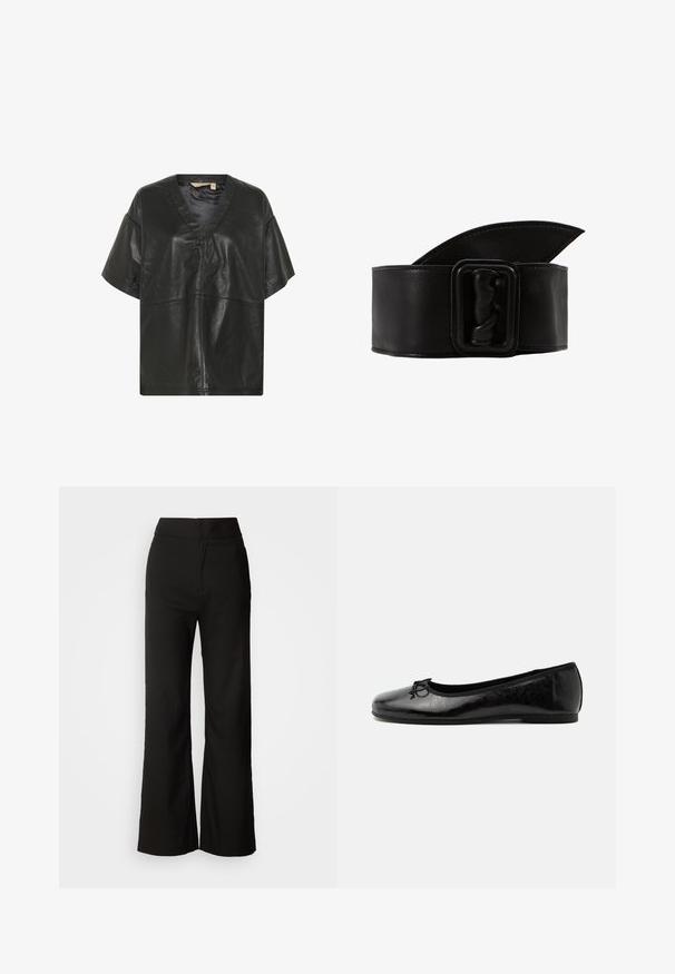 Culture CUATAM CANJA - Bluse - black; Schwarze weit geschnittene Hosen mit glatter Textur, hoher Taille und klarem Design. Keine sichtbaren Taschen oder Verzierungen.; Schwarzer glänzender Leder-Ballerina mit niedrigem Absatz und kleiner dekorativer Schleife vorne, seitlich auf hellem einfarbigem Hintergrund gezeigt.; Breiter schwarzer Ledergürtel mit einer strukturierten, skulpturalen Schnalle und einem spitz zulaufenden Design an einem Ende. Glatte Oberflächenbeschaffenheit mit kontrastierenden Nähten.