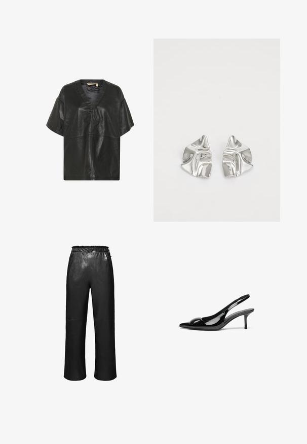 Culture CUATAM CANJA - Blouse - black; Zwarte leren broek met een wijde snit, elastische tailleband en een gladde textuur. Voorzien van zijzakken en minimale stikdetails.; Zwarte gepatineerde leren slingback hakken met een puntige neus en een glanzende afwerking. Heeft een slanke hak en een ronde accent op de bovenkant.; Zilveren metalen oorbellen met een golvend, sculpturaal ontwerp, voorzien van een gepolijste afwerking en onregelmatige vormen, die een hedendaagse esthetiek benadrukken.