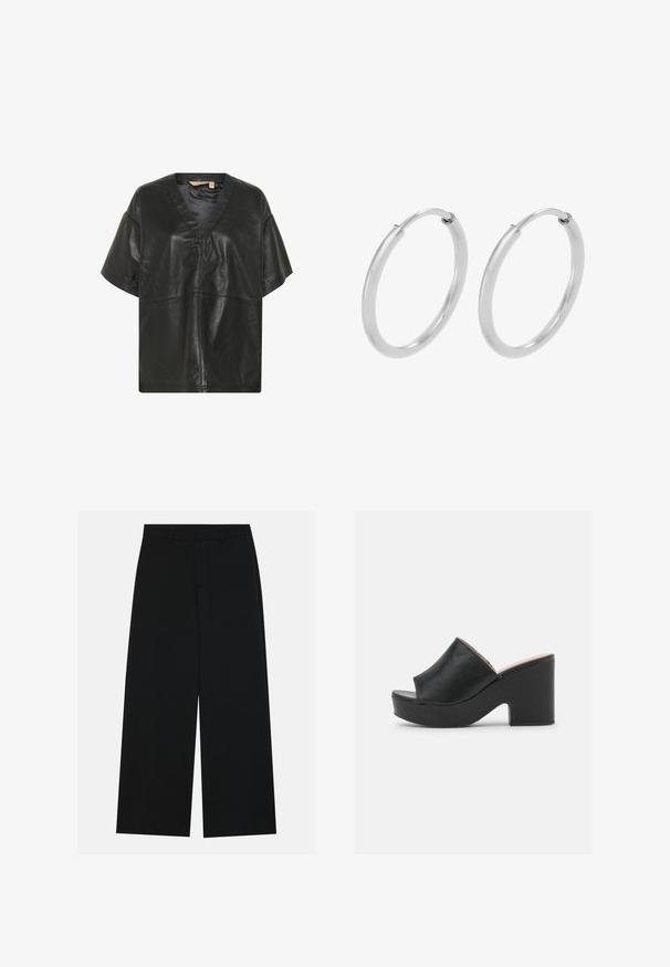 Culture CUATAM CANJA - Blusa - black; Pantalones negros de pierna ancha hechos de una tela suave. Presentan una cintura plana con pasadores de cinturón y sin bolsillos visibles. Diseño sencillo.; Las mulas de cuero negro con punta abierta cuentan con una amplia tira frontal y un chunky tacón alto con una textura suave. Se muestra la vista lateral.; Pendientes de aro de plata, forma circular, textura lisa y brillante, y ancho constante en toda su extensión. Diseño minimalista sin acentos adicionales.