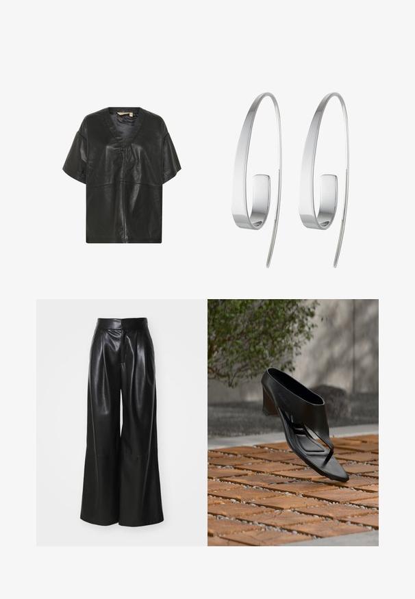Culture CUATAM CANJA - Bluse - black; Schwarze Kunstleder-Hosen mit weit geschnittenem Bein, hoher Taille, plissierter Vorderseite und glatter Textur. Verfügt über ein sauberes, minimalistisches Design.; Schwarze High-Heeled Sandale mit Zehensteg, schwebend über einer gemusterten Holz- und Kiesaußenfläche mit verschwommenem Grün und Wand im Hintergrund.; Silberne Creolen mit einem schlanken, elongated Design. Aus poliertem Metall gefertigt, zeichnen sie sich durch eine glatte Textur und einen minimalistischen Stil aus.