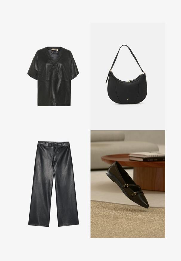 Culture CUATAM CANJA - Blusa - black; Pantalones de cuero negro de pernera ancha con una textura suave, lazos para cinturón y cremallera frontal. Presenta un ajuste holgado y detalles de costura limpios.; Zapato plano negro con puntera puntiaguda y dos delgadas correas con hebillas flotando sobre una alfombra beige, con una mesa de café de madera y libros al fondo.; Bolso de mano de cuero negro con forma curva, superficie texturizada, costuras frontales y un logo en tono dorado. Cuenta con una sola correa ajustable.