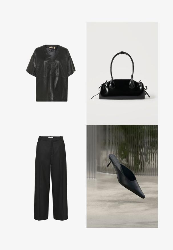 Culture CUATAM CANJA - Bluse - black; Sorte bukser med vide ben og en glat tekstur, der har en flad front, bæltestropper og ingen synlige pynt. Skræddersyet til en løs pasform.; Sort mule sko med spids tå og tynd høj hæl, der svæver over en glat beton gulv med en sløret baggrund med lodrette striber.; Lille sort blank håndtaske med to lange håndtag og snøre-detaljer i siden på en ensfarvet lys baggrund.