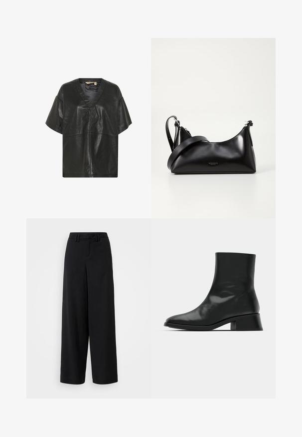 Culture CUATAM CANJA - Blusa - black; Pantalones de pierna ancha negros, hechos de una tela suave, con un diseño de frente plano, detalles plisados y trabillas en la cinturilla.; Botín negro de tobillo hecho de cuero brillante, con un diseño elegante, punta afilada y un tacón bloque moderado para mayor estabilidad.; Bolso de mano de cuero negro con una textura suave. Cuenta con una correa ajustable y un diseño elegante y minimalista con cierre de cremallera.