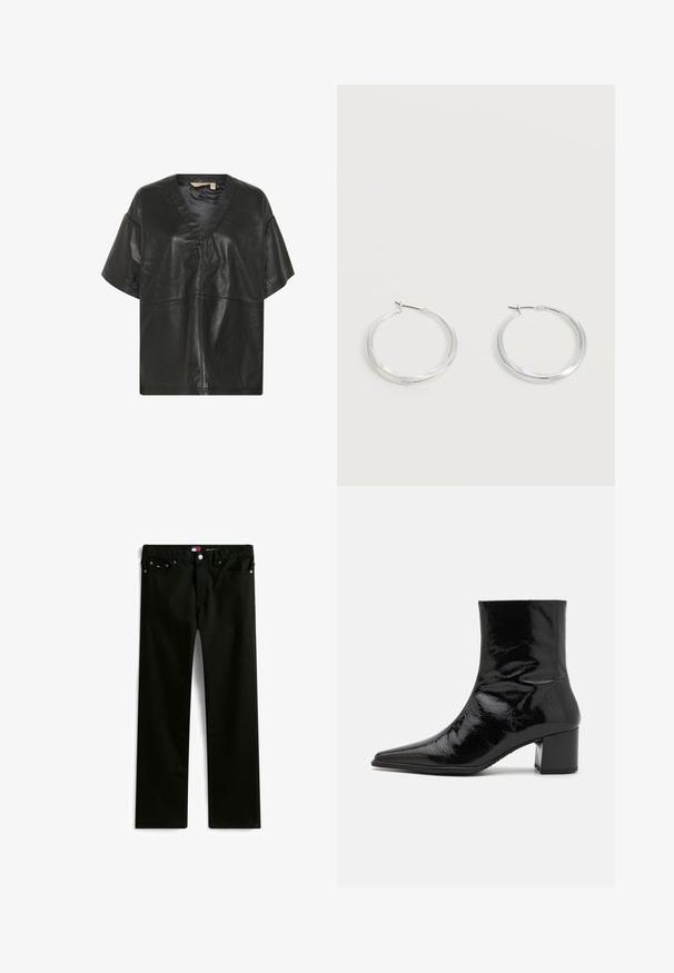 Culture CUATAM CANJA - Blouse - black; Zwarte recht gesneden spijkerbroek met vijf zakken, knoop- en ritssluiting, en klein merkje op het muntenzakje.; Zwarte gepatineerde leren enkelboot met een spitse neus, gestructureerde bovenkant en een chunky hak. Beschikt over een gladde, glanzende textuur.; Zilverkleurige metalen creolen oorbellen met een glad, licht gebogen oppervlak en sluitingen met haaksluiting op een effen witte achtergrond.