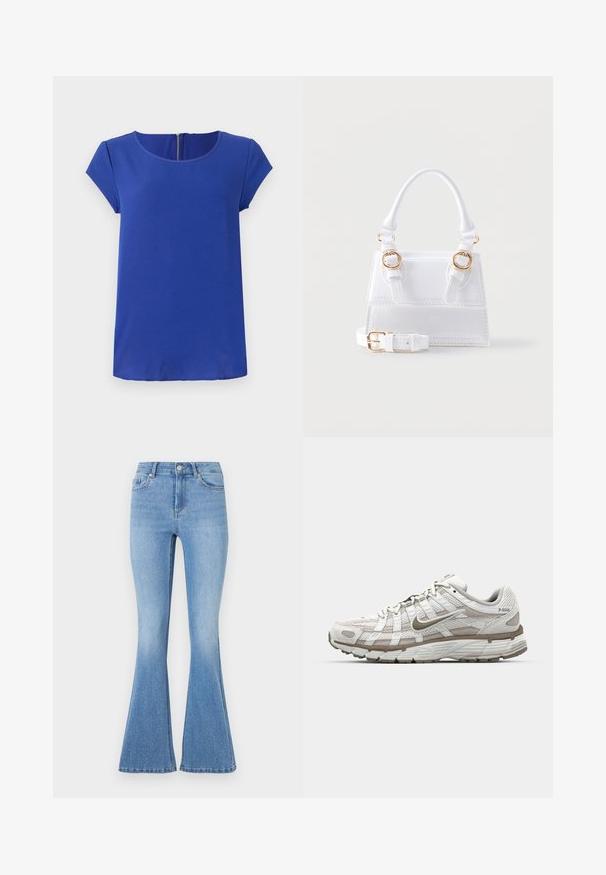 Haut court à manches courtes en tissu lisse. Doté d'un col rond et d'une fermeture éclair dissimulée à l'arrière. Ourlet droit.; Jeans évasés bleu clair avec une texture en denim lisse, ornés de clous en argent éparpillés sur le devant et d'un design classique à cinq poches.; Baskets blanches avec une tige en maille, accents marron clair et une semelle rembourrée. Présentent un système de laçage et un texte sur le côté.; Sac à main structuré blanc avec poignée supérieure, deux boucles dorées sur le devant et une bandoulière amovible et réglable.