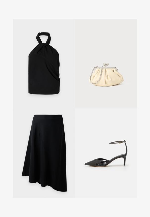 Iro BIRDA - Bluse - black; Sort A-linje nederdel lavet af glat materiale, med diagonale sømdetaljer og et flydende design, der hænger let ved sømmen.; Sort læder højhælet sko med spids tå, åbne sider og en tynd ankelrem med en lille guld detalje.; Plisseret beige læderclutch med en sølvmetalramme, der har to runde dekorative låse og en sølvkædetrasporte.