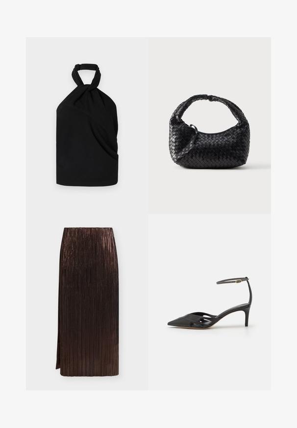 Iro BIRDA - Bluse - black; Mørkebrun metallisk plisseret midi-nederdel med høj talje og sideslids på en ensartet lys baggrund.; Sort læder højhælet sko med spids tå, åbne sider og en tynd ankelrem med en lille guld detalje.; Sort flettet håndtaske med en rundet form, tekstureret finish og et buet håndtag. Har et diskret logo på forsiden.