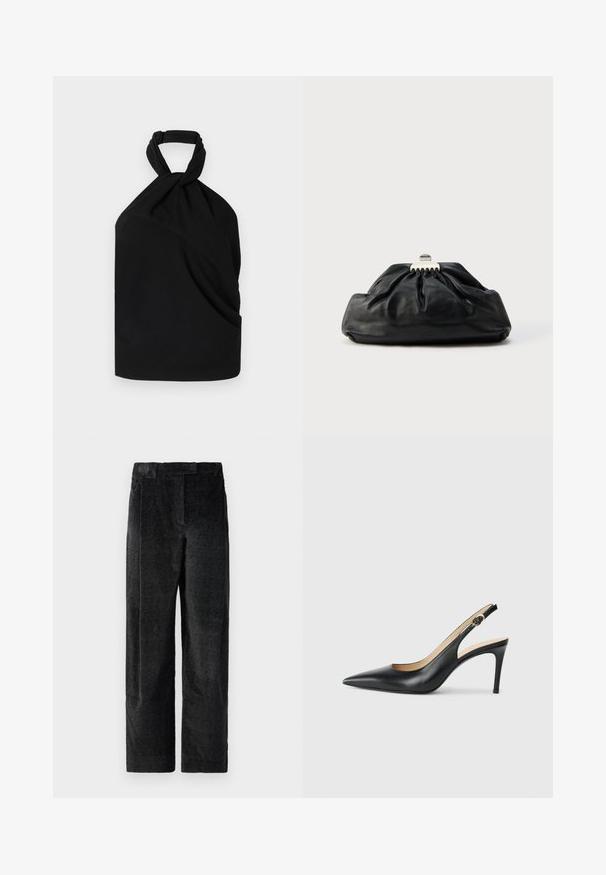 Iro BIRDA - Bluse - black; Sorte, strukturerede bredbenede bukser med en markant vævning, der har forfrits og en flad talje. Klassisk design for alsidighed.; Sorte læder slingback højhælede sko med spids tå, justerbar rem og en slank stiletto hæl, der har en glat finish.; Sort læderclutch med en samlet tekstur, metal lukning og diskret præget logo på forsiden. Rundet form.