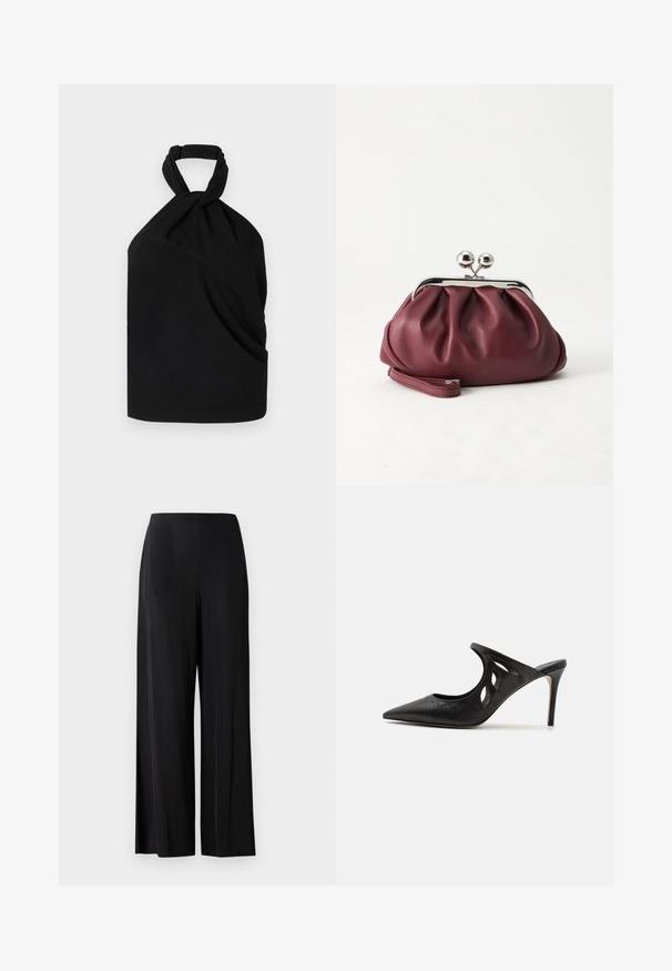 Iro BIRDA - Bluse - black; Sorte, brede bukser lavet af glat stof, med en høj talje og uden synlige lommer eller hardware. Gulvlængde design.; Sorte læder højhælede mules med spids tå, udskåret sideskærm og glat tekstur. Stiletthæl og subtil syning.; Lille bordeauxlæder clutch-pung med sølv metal lukning og håndledsrem på hvid baggrund.