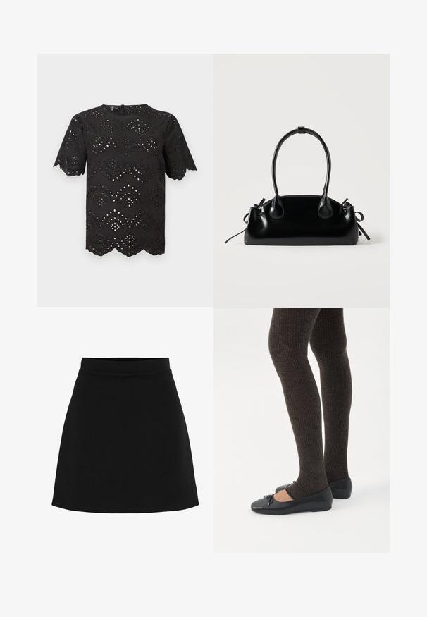 Blouse noire à manches courtes avec des motifs floraux en dentelle ajourée, des bords festonnés aux manches et à l'ourlet, et un col rond.; Jupe noire trapèze avec une taille ajustée et un ourlet simple, présentée sur un fond blanc uni.; Jambes portant des leggings côtelés foncés associés à des ballerines noires avec de petits détails en nœud sur fond blanc.; Petit sac à main noir brillant avec deux longues anses et des détails à cordon sur les côtés sur un fond clair uni.