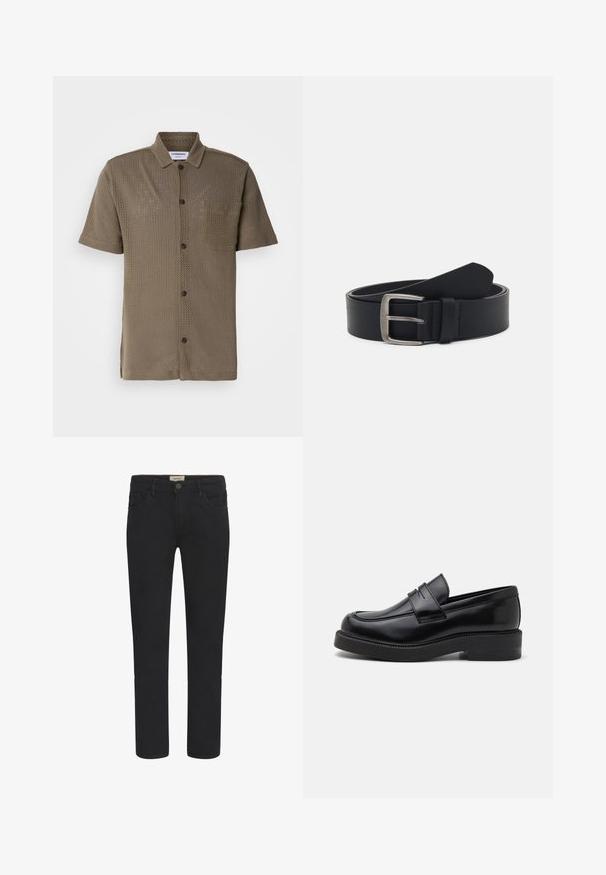 Kortærmet, olivenfarvet skjorte lavet af mesh-stof, med knaplukning foran, en brystlomme og en afslappet pasform.; Sorte denimjeans med lige pasform, fem-lomme design og knaplukning foran. Glat tekstur med subtile syninger.; Sorte læder loafers med en rund tå, dekorativ forkantssyning og en tyk gummisål. Glat tekstur med en poleret finish.; Sorte læderbælte med en spænde i sølvmetal, der har en glat overflade og et klassisk design. Bæltet er rullet op med enden pegende.