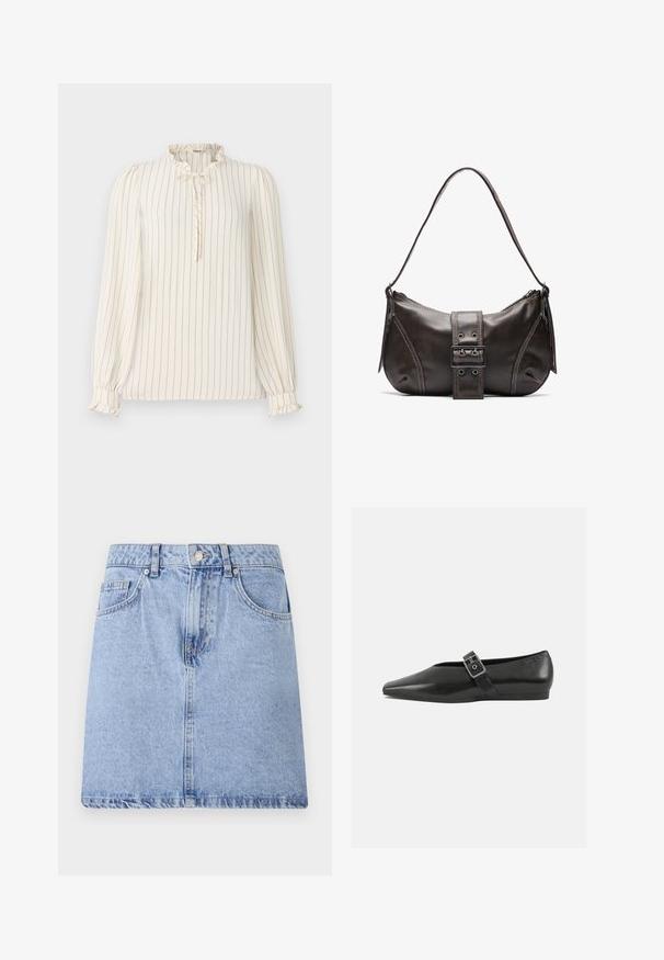 Blouse crème à manches longues avec des rayures verticales bleu marine, col volanté et détail en trou de serrure avec bouton ; poignets élastiques avec accents en volants.; Jupe en denim bleu clair avec un design à cinq poches, fermeture éclair et bouton à l'avant, et ourlet brut. Texture lisse avec un léger décoloration.; Chaussure plate en cuir noir avec un orteil pointu, présentant une sangle à boucle métallique sur le cou-de-pied et une semelle basse et flexible.; Sac à épaule en cuir marron avec une forme courbée, présentant un détail de boucle proéminent, des coutures contrastantes et une seule bandoulière.