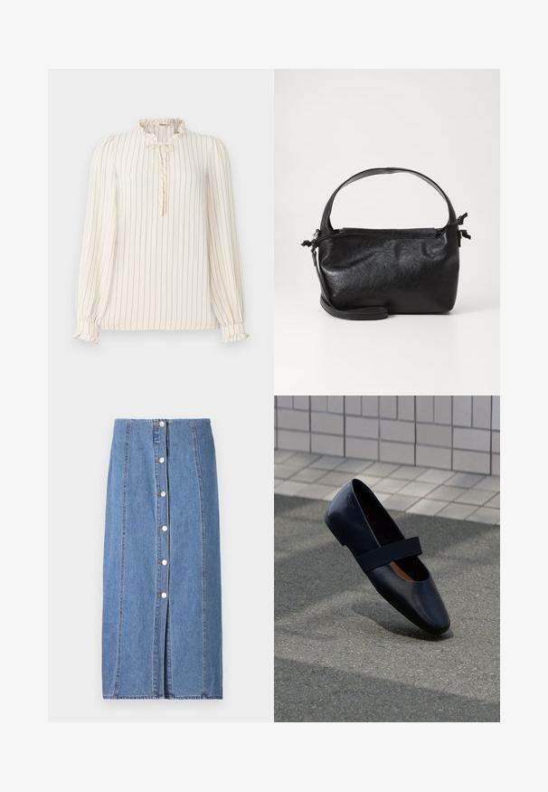 Blouse crème à manches longues avec des rayures verticales bleu marine, col volanté et détail en trou de serrure avec bouton ; poignets élastiques avec accents en volants.; Jupe en denim de couleur bleu clair avec une silhouette droite. Présente une fermeture à boutons à l'avant, des coutures verticales et un ourlet brut au bas.; Chaussure plate en cuir noir avec un bout arrondi, dotée d'une douce sangle élastique noire sur le cou-de-pied. Texture lisse et design minimaliste.; Sac à main en cuir noir au design structuré, avec une poignée arrondie et une bandoulière amovible. Présente une texture lisse et un éclat subtil.