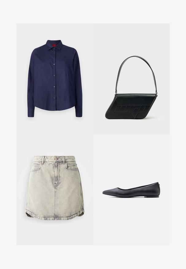 Camisa azul marino de botones con cuello, mangas largas, un ligero corte, un sutil logo en el pecho y una textura de tela suave.; Falda de denim en gris claro con textura desgastada, que cuenta con una cinturilla abotonada, bolsillos frontales y un dobladillo ligeramente curvado.; Zapato plano de cuero negro con punta puntiaguda y tacón bajo, mostrado de perfil contra un fondo blanco.; Bolso de hombro de cuero negro con forma triangular, logo en relieve y una sola correa ajustable. Diseño minimalista con textura suave.