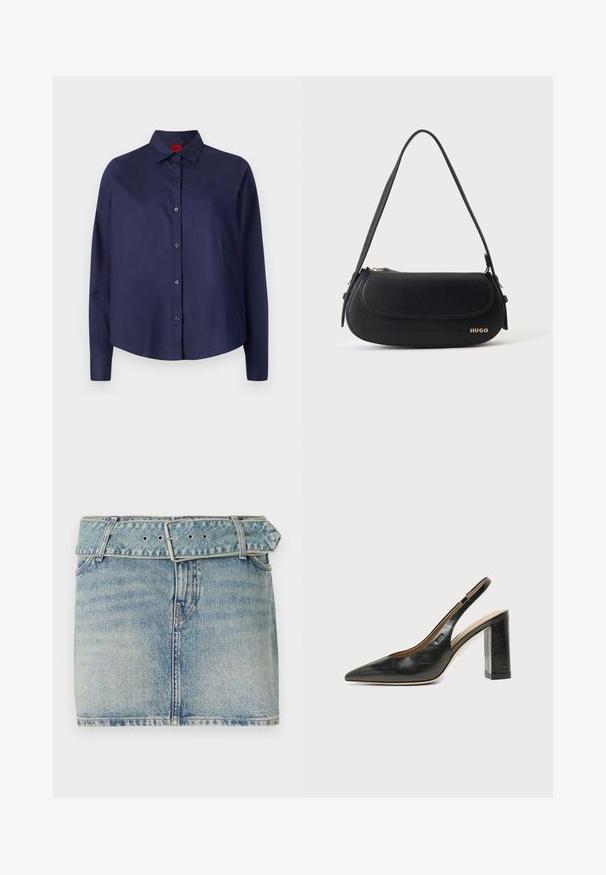 Marineblauwe button-up shirt met een kraag, lange mouwen, een lichte cropped snit, subtiel logo op de borst en een zachte stoftextuur.; Denim minirok met een lichtblauwe wassing, voorzien van een ceintuur met een metalen gesp, vijf zakken en subtiele vervaging voor textuur.; Zwarte leren slingback schoen met spits toelopend neusje, hoge blokhak en beige binnenvoering tegen een effen lichte achtergrond.; Zwarte leren schoudertas met gebogen klep, gouden "HUGO" logo aan de voorkant en een enkele verstelbare riem.