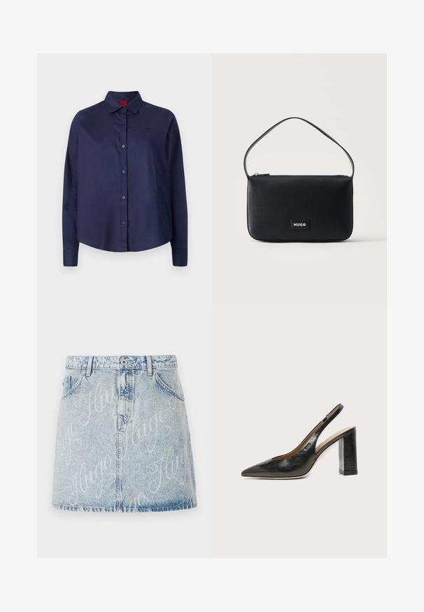 Mørkeblå knap-i-aftenen skjorte med krave, lange ærmer, let cropped, diskret logo på brystet og glat stofstruktur.; Lysblå denimnederdel med falmet vask, med frontknaplukning og logo-mønster med "Hugo" over det hele. Fem-lomme stil.; Sort læder peep-toe slingback sko med høj blokhæl og beige indvendig foring mod en ensfarvet lys baggrund.; Sort rektangulær skuldertaske i læder med en lille guld "HUGO" logo-patch og en enkelt tynd rem.