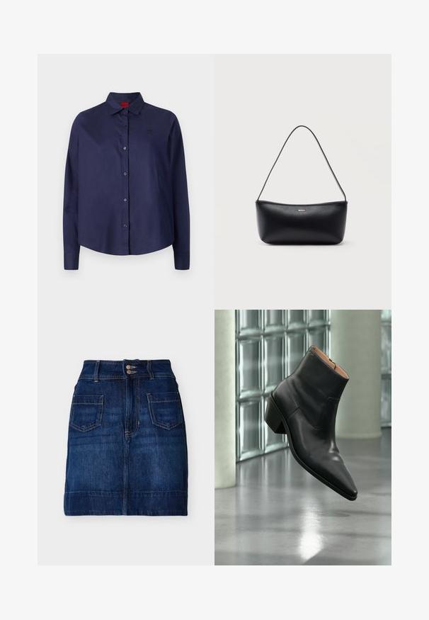 Camisa azul marino de botones con cuello, mangas largas, un ligero corte, un sutil logo en el pecho y una textura de tela suave.; Falda de mezclilla azul oscuro con bolsillos delanteros, cierre de doble botón, trabillas para cinturón y costuras visibles, colocada plana sobre un fondo blanco.; Botín de piel negra con puntera puntiaguda y tacón cuadrado que levita sobre un suelo gris reflectante cerca de una pared de bloques de cristal.; Bolso de hombro de cuero negro con una correa delgada y un pequeño logo "BOSS" en letras doradas en el centro frontal.