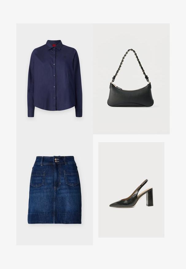 Marineblauwe button-up shirt met een kraag, lange mouwen, een lichte cropped snit, subtiel logo op de borst en een zachte stoftextuur.; Donkerblauwe denim rok met voorzakken, dubbele knoopsluiting, riemlussen en zichtbare stiksels, plat gelegd op een witte achtergrond.; Zwarte leren damesslingback met spitse neus en dikke hoge blokhak tegen witte achtergrond.; Zwarte lederen schoudertas met een gebogen rechthoekige vorm, gouden ketting verweven in een gevlochten zwarte band, en een ritssluiting bovenop.