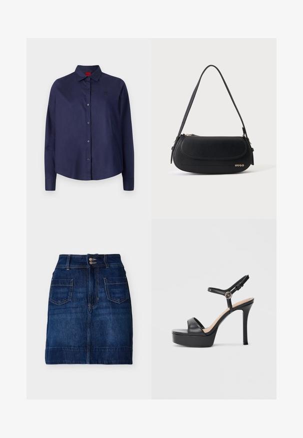 Mørkeblå knap-i-aftenen skjorte med krave, lange ærmer, let cropped, diskret logo på brystet og glat stofstruktur.; Mørkeblå denimnederdel med forlommer, dobbel knaplukning, bæltestropper og synlige sømme, lagt fladt på en hvid baggrund.; Sorte platformsandaler med høj stiletthæl, der har en glat læderoverdel, peep toe-design og en justerbar ankelrem med metalbeslag.; Sort skuldertaske i læder med buet klap, guld "HUGO" logo på forsiden og enkelt justerbar strop.