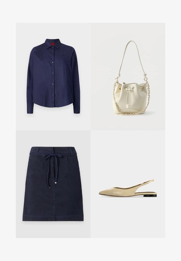 Marineblauwe button-up shirt met een kraag, lange mouwen, een lichte cropped snit, subtiel logo op de borst en een zachte stoftextuur.; Marineblauwe rok van duurzame stof, met een trekkoord in de taille, zijzakken en contrasterende stiksels. A-lijn vorm, kniehoogte.; Beige platte slingback schoen met puntige neus, lage zwarte hak en een glad leren afwerking, zijaanzicht op een effen achtergrond.; Crèmekleurige leren buideltas met trekkoordsluiting, gevlochten ketting- en leren schouderriem, en goudkleurige oogringen.