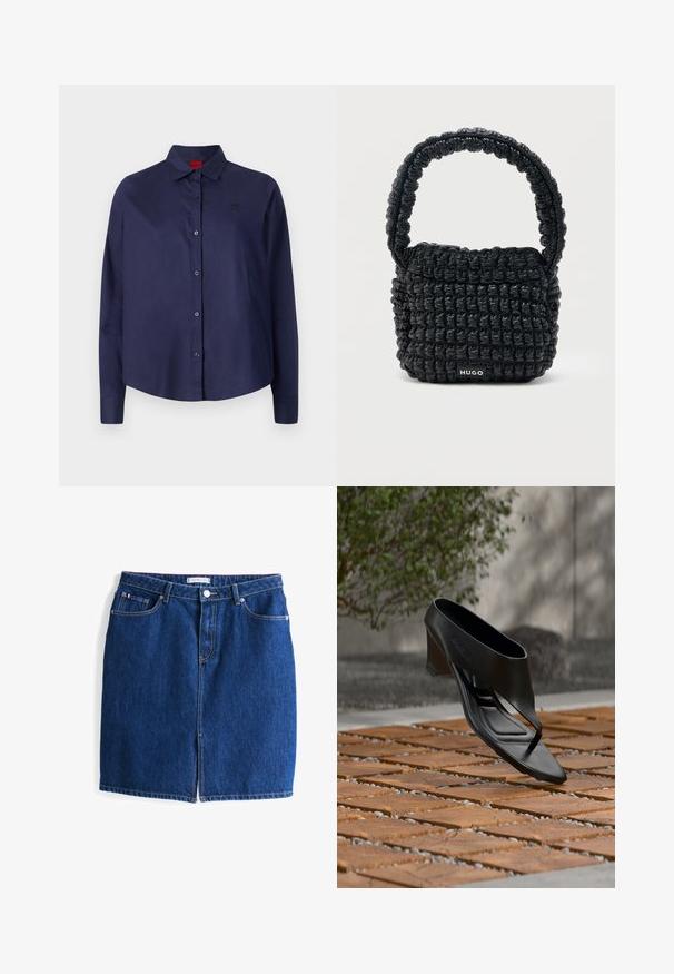 Chemise button-up bleu marine avec un col, des manches longues, légèrement cropped, logo subtil sur la poitrine et texture de tissu lisse.; Jupe en denim de couleur bleu foncé, avec fermeture à boutons à l'avant et deux poches. Elle présente une coupe droite et une longueur au genou.; Sandale noire à talon haut avec une lanière entre les orteils, flottant au-dessus d'une surface extérieure en bois et gravier à motifs, avec un arrière-plan flou de verdure et un mur.; Petit sac à main noir matelassé avec une poignée courte rembourrée et une étiquette "HUGO" à l'avant, présenté sur un fond clair uni.