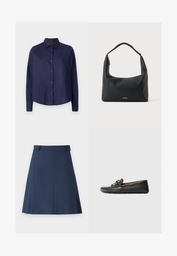 Marineblauwe button-up shirt met een kraag, lange mouwen, een lichte cropped snit, subtiel logo op de borst en een zachte stoftextuur.; Navyblauwe A-lijn rok van gladde stof, met twee decoratieve knopen op de taille en subtiele naden aan de zijkant.; Zwarte leren bootshoe met een ronde neus, gestikte details, een kleine strikaccent en een rubberen zool. Soepele textuur en gestroomlijnd ontwerp.; Zwarte leren schoudertas met gevlochten handvat, gouden ritsdetail en klein goudkleurig "HUGO"-logo aan de voorkant in het midden.