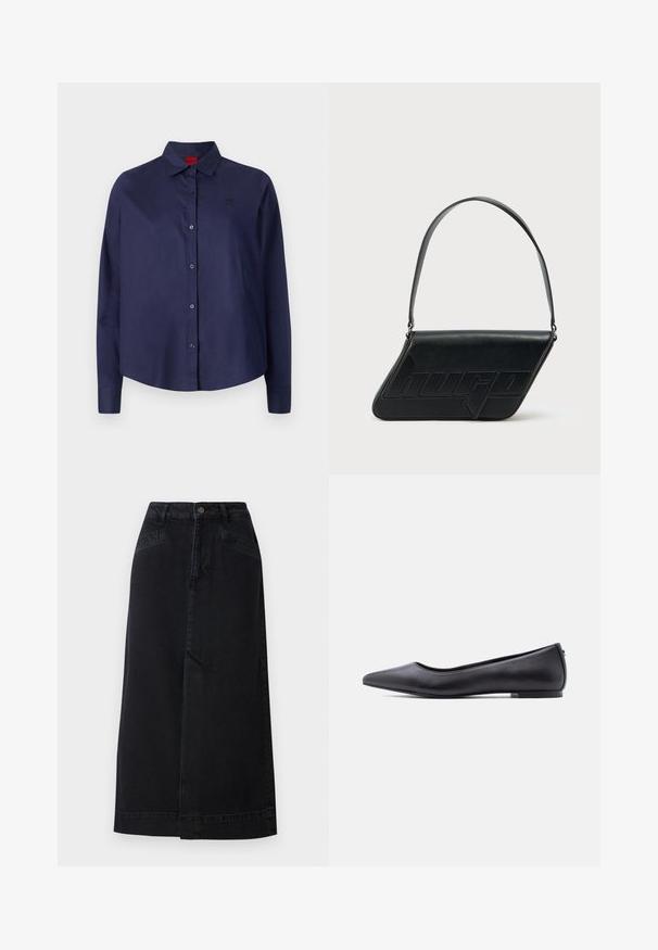 Mørkeblå knap-i-aftenen skjorte med krave, lange ærmer, let cropped, diskret logo på brystet og glat stofstruktur.; Sort denim midi nederdel med en lige pasform, frontlukning med knapper og sidelommer med diskrete syninger.; Sort flad lædersko med spidst tåparti og lav hæl, vist i sideprofil mod en hvid baggrund.; Sort skuldertaske i læder med trekantet form, præget logo og en enkelt justerbar rem. Minimalistisk design med glat tekstur.