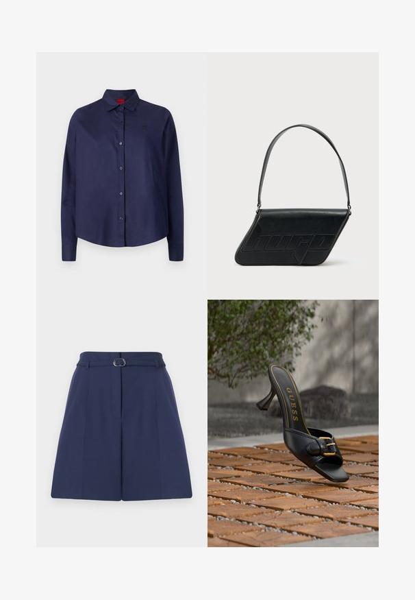 Marineblaue Knopfhemd mit Kragen, langen Ärmeln, leicht verkürztem Schnitt, dezentem Logo auf der Brust und glatter Stoffoberfläche.; Marineblaue maßgeschneiderte Shorts mit einem Gürtel, die über Gürtelschlaufen, Paspelierungen und eine glatte Stoffoberfläche verfügen. Standardmäßiger gerader Schnitt.; Schwarze High-Heel-Pantolette mit goldener Schnalle und „GUESS“-Logo innen, auf strukturiertem Außenfliesenboden mit verschwommenem grünem Hintergrund positioniert.; Schwarze Leder-Umhängetasche mit dreieckiger Form, geprägt mit Logo und einem einzigen verstellbaren Riemen. Minimalistisches Design mit glatter Textur.