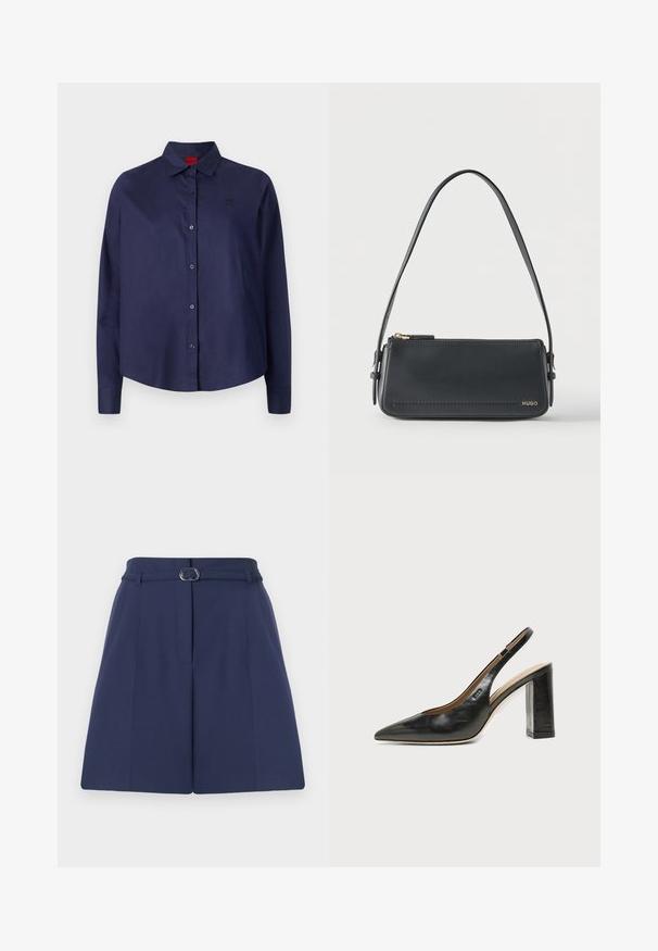 Chemise button-up bleu marine avec un col, des manches longues, légèrement cropped, logo subtil sur la poitrine et texture de tissu lisse.; Shorts ajustés bleu marine avec une ceinture, dotés d'une passante de ceinture, de détails plissés et d'une texture de tissu lisse. Coupe droite standard.; Chaussure slingback en cuir noir à bout pointu avec un talon bloc haut et une doublure intérieure beige sur un fond clair uni.; Sac à bandoulière rectangulaire en cuir noir avec fermeture éclair dorée et petit logo "HUGO" doré sur le devant, doté d'une sangle réglable avec boucle.