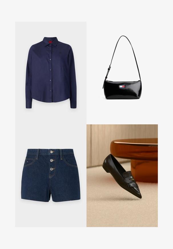 Mørkeblå knap-i-aftenen skjorte med krave, lange ærmer, let cropped, diskret logo på brystet og glat stofstruktur.; Mørkeblå denimshorts med høj talje, der har tre metalliske knapper, forlommer og kontrastfarvet gul syning.; Sort spids tå læder loafer med frynse detaljer, placeret på beige tæppe nær et rundt orange glasbord.; Sort patenteret læder skuldertaske med en buet rem, lynlåslukning og et rektangulært logo patch i rød, hvid og blå.