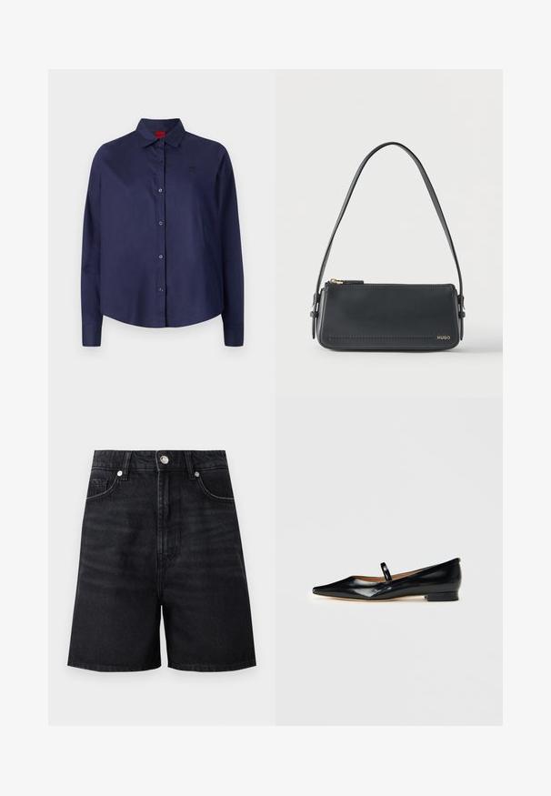 Mørkeblå knap-i-aftenen skjorte med krave, lange ærmer, let cropped, diskret logo på brystet og glat stofstruktur.; Sorte denimshorts med høj talje, frontlommer og metalknaplukning. Glat tekstur med subtile falmning detaljer.; Sorte patenterede læder Mary Jane flade sko med spids tå, én rem og lav hæl på ensfarvet baggrund.; Sort rektangulær skuldertaske i læder med guld lynlås og lille guld "HUGO"-logo på fronten, med justerbar strop med spænde.