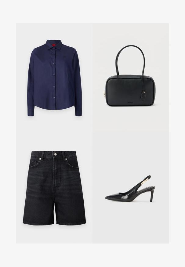 Mørkeblå knap-i-aftenen skjorte med krave, lange ærmer, let cropped, diskret logo på brystet og glat stofstruktur.; Sorte denimshorts med høj talje, frontlommer og metalknaplukning. Glat tekstur med subtile falmning detaljer.; Sort læder slingback højhælede sko med spidse tæer, glat overflade og en smal ankelrem med guldfarvede hardware detaljer.; Sort rektangulær håndtaske med dobbelte runde håndtag, gylden lynlås og præget "HUGO"-logo foran med fastgjort lædermærke.