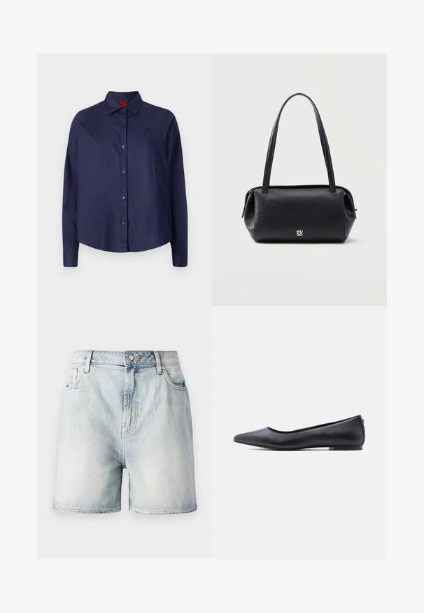 Camisa azul marino de botones con cuello, mangas largas, un ligero corte, un sutil logo en el pecho y una textura de tela suave.; Pantalones cortos de mezclilla azul claro con cierre de botón, cinco bolsillos y una textura deslavada. Corte recto con un diseño clásico.; Zapato plano de cuero negro con punta puntiaguda y tacón bajo, mostrado de perfil contra un fondo blanco.; Bolso de hombro rectangular de piel negra con correas largas y pequeño logo dorado "HUGO" en el centro delantero.
