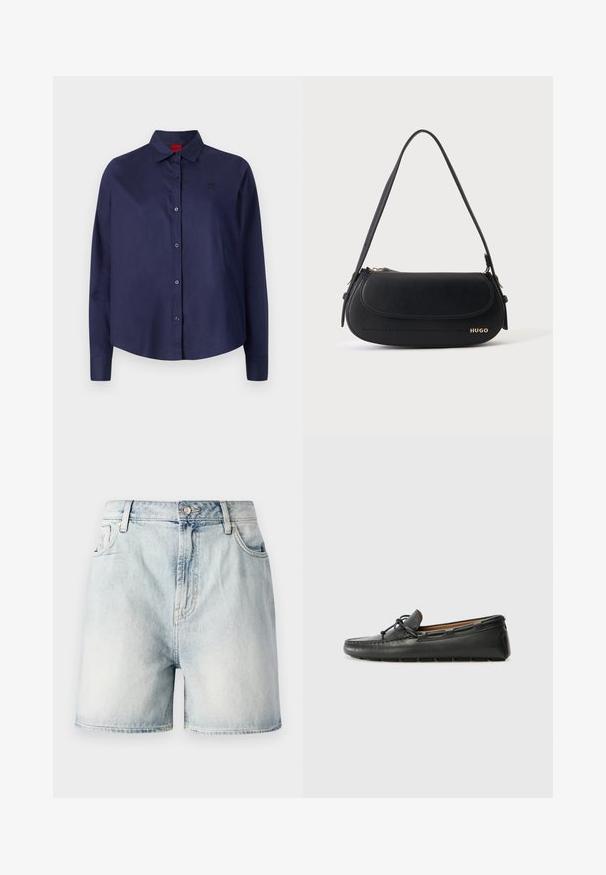 Marineblaue Knopfhemd mit Kragen, langen Ärmeln, leicht verkürztem Schnitt, dezentem Logo auf der Brust und glatter Stoffoberfläche.; Hellblaue Jeansshorts mit einem Knopfverschluss, fünf Taschen und einer verwaschenen Textur. Gerader Schnitt mit klassischem Design.; Schwarze Lederbootsschuhe mit rundem Zehenbereich, gestickten Details, kleinem Schleifenakzent und Gummisohle. Glatte Textur und schlankes Design.; Schwarze Lederschultertasche mit geschwungener Klappe, goldenem "HUGO" Logo auf der Vorderseite und einem verstellbaren Riemen.